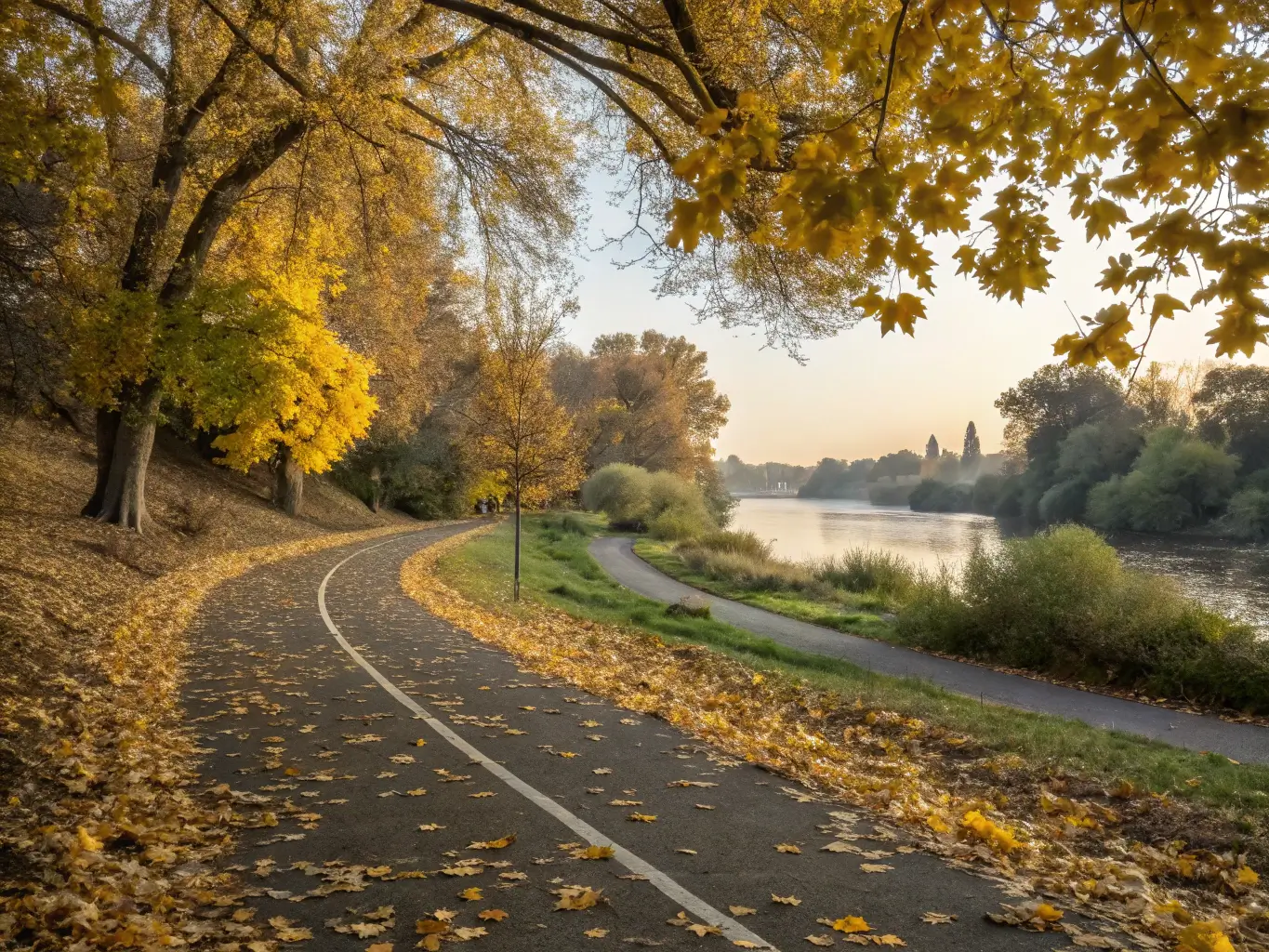 Sacramento River Trail in autumn with falling golden leaves, bicycle tracks, and soft morning light filtering through trees