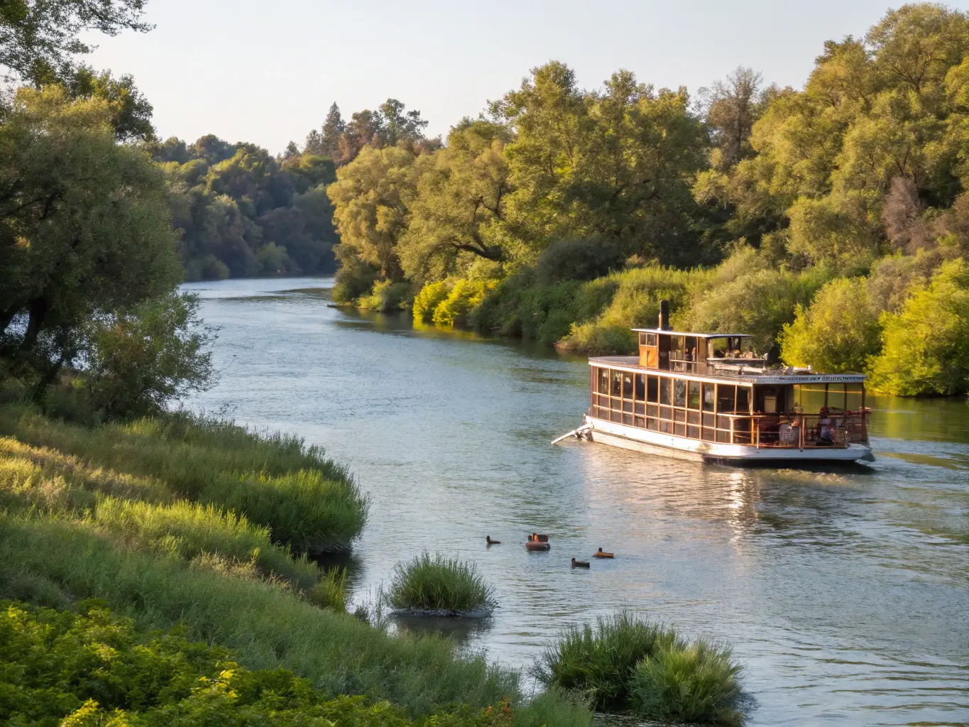 Wooden riverboat cruising on scenic Sacramento River with lush green riverbanks, playful river otters, and soft September sunlight bathing the pristine natural landscape.