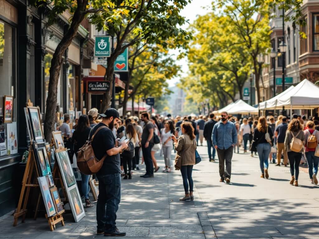 Local artists and musicians performing at Midtown Sacramento's Second Saturday, crowds browsing outdoor market stalls, with historic architecture in the background