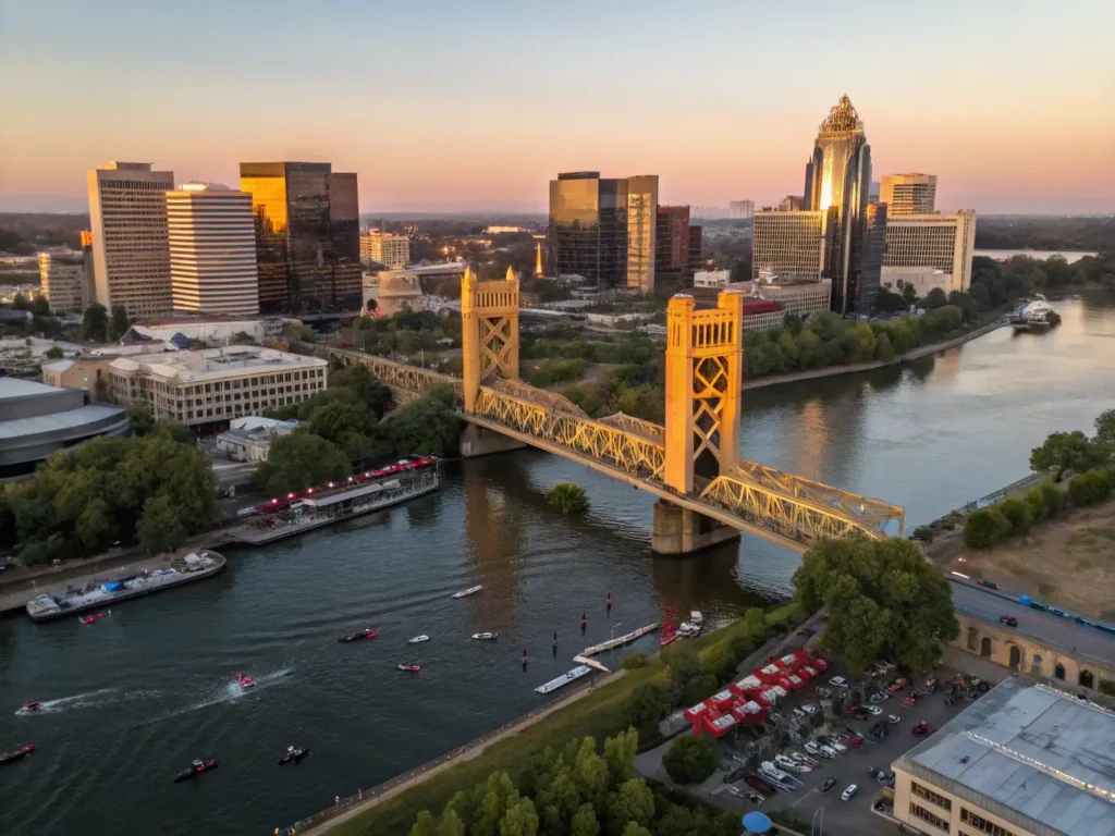 "Aerial sunset view of Sacramento downtown skyline, featuring the Tower Bridge, American River, active festival scenes, local vendor stalls, and active people, with heat waves creating a shimmer over the city."