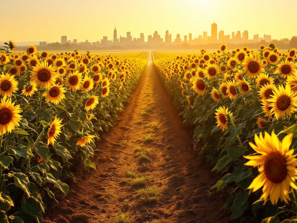 Golden morning light illuminating a peaceful sunflower field on the outskirts of Sacramento with city skyline in the distance