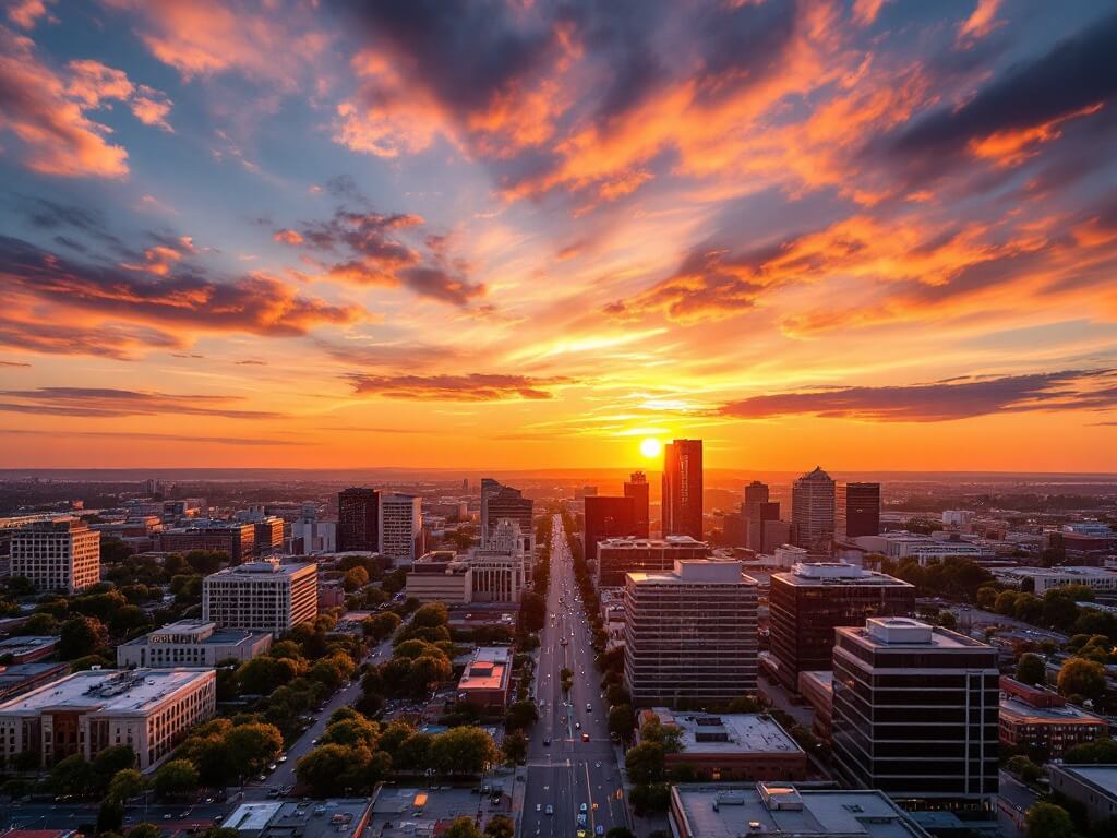 Golden sunset illuminating Sacramento cityscape, distant mountains and soft clouds in September evening