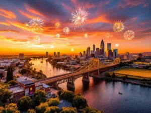 "Sacramento cityscape at sunset with the Tower Bridge, American River, colorful murals, sunflower fields, and fireworks in July summer with people enjoying outdoors."