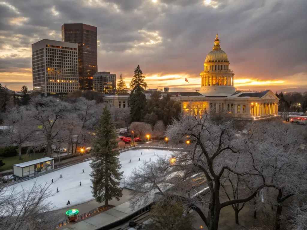 "Winter dusk view of Sacramento highlighting the frosted State Capitol building, Holiday Ice Rink, Golden 1 Center, Old Sacramento buildings by the river, and distant Tower Bridge."