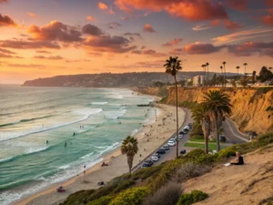 "Panoramic view of San Diego's coastline at sunset during October featuring La Jolla Shores, surfers, volleyball players, families, cyclists, Torrey Pines cliffs, and a hillside pumpkin patch"