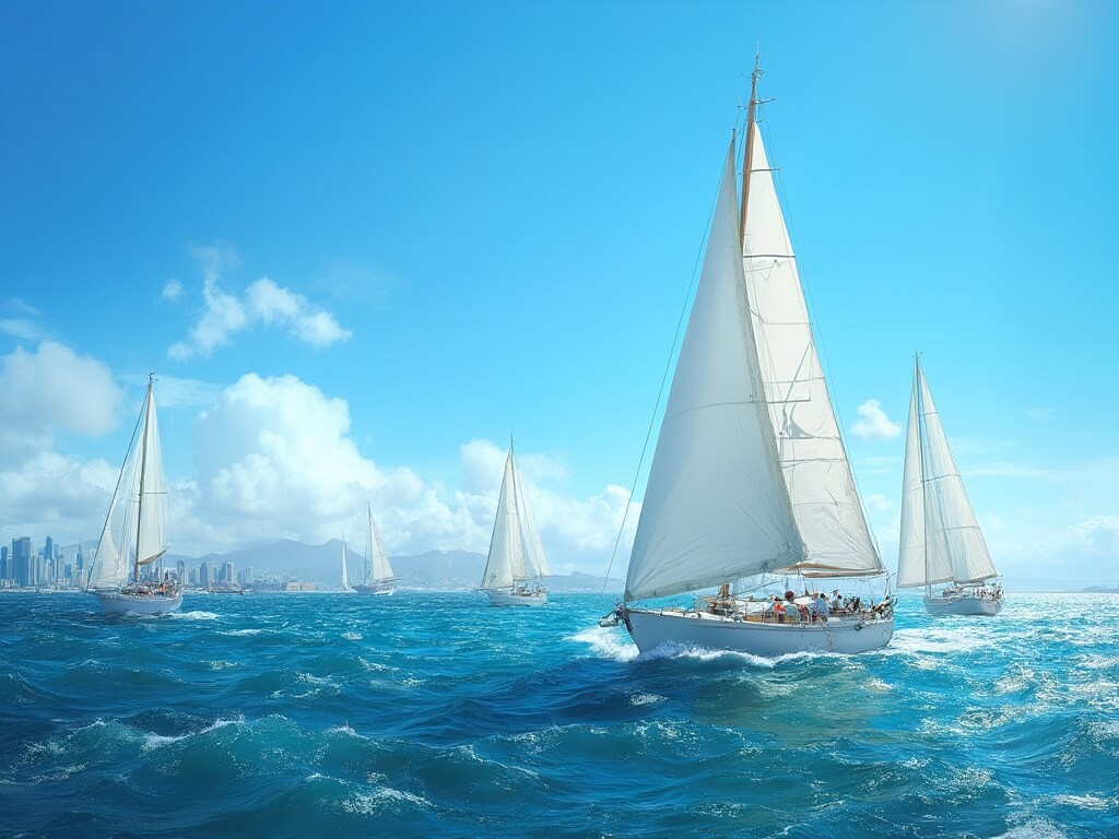 Sailboats sailing in San Diego Bay with a vibrant blue sky, reflective azure waters, and the downtown skyline in the background