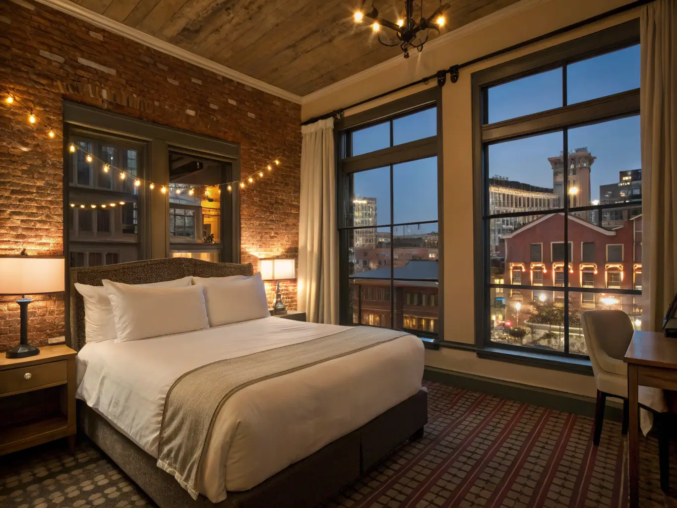 Cozy boutique hotel room in Gaslamp Quarter, San Diego with warm lighting, plush king-size bed, exposed brick walls, and large windows overlooking historic buildings at dusk.