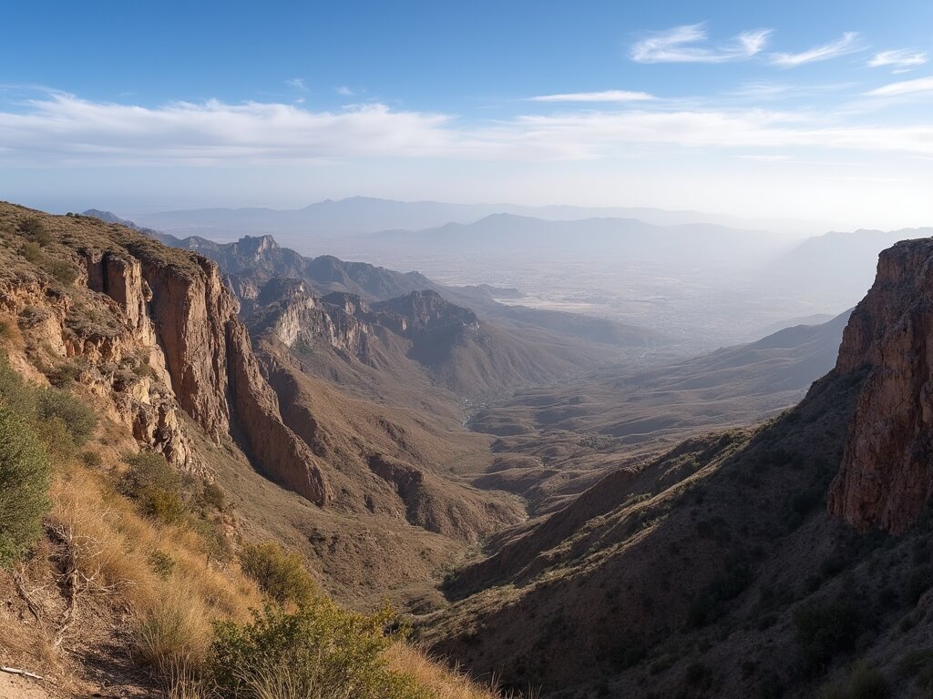 Dramatic landscape of San Diego with coastal cliffs, inland valleys, distant mountains, and desert plains under a clear September sky