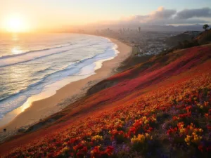 "Panoramic aerial view of San Diego, featuring Carlsbad Flower Fields, Torrey Pines Reserve, and city skyline at sunset with lingering morning fog over the coastal areas."