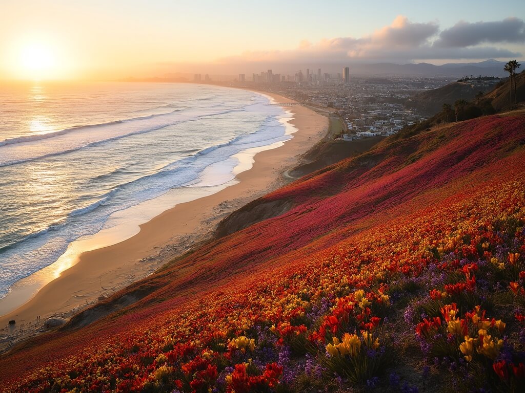 "Panoramic aerial view of San Diego, featuring Carlsbad Flower Fields, Torrey Pines Reserve, and city skyline at sunset with lingering morning fog over the coastal areas."