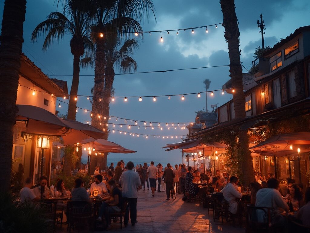 Twilight scene of San Diego's coastal restaurant district with string lights illuminating outdoor dining areas, palm trees moving in the evening breeze, fog coming in from the ocean, warm restaurant lighting and people wearing light layers in a photorealistic style