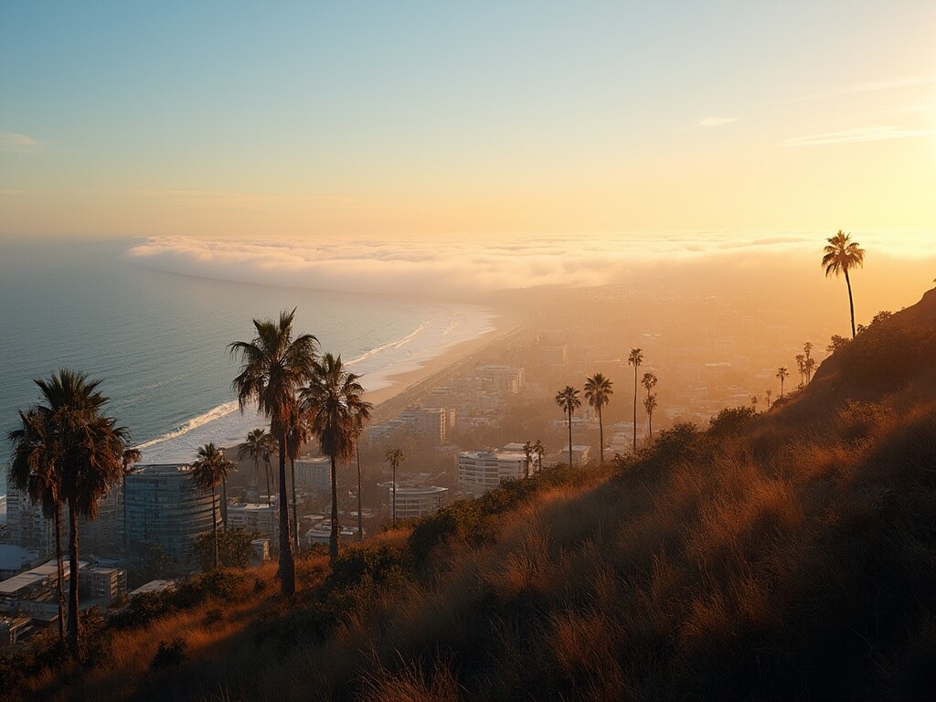 San Diego cityscape during golden hour showing temperature variation, with warm sun-lit buildings, swaying palm trees, and a visible marine layer rolling in from the ocean