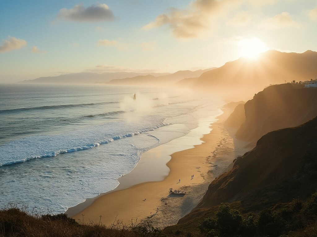 Surfers enjoying the surf at the cool, misty La Jolla beach of San Diego, with warm, clear-skied Julian mountains looming in the distance during golden hour