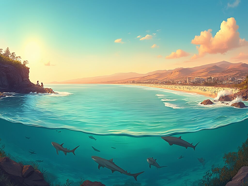 "Panoramic view of San Diego's coastline featuring La Jolla Cove, leopard sharks, and four distinct climate zones during a September sunset; temperature readings '75°F/24°C' displayed."