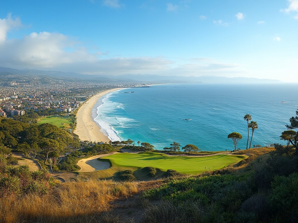 "Aerial view of San Diego coastline featuring gray whales, surfers, Torrey Pines Golf Course, Balboa Park's Spanish architecture, and hiking trails in mid-afternoon winter light"