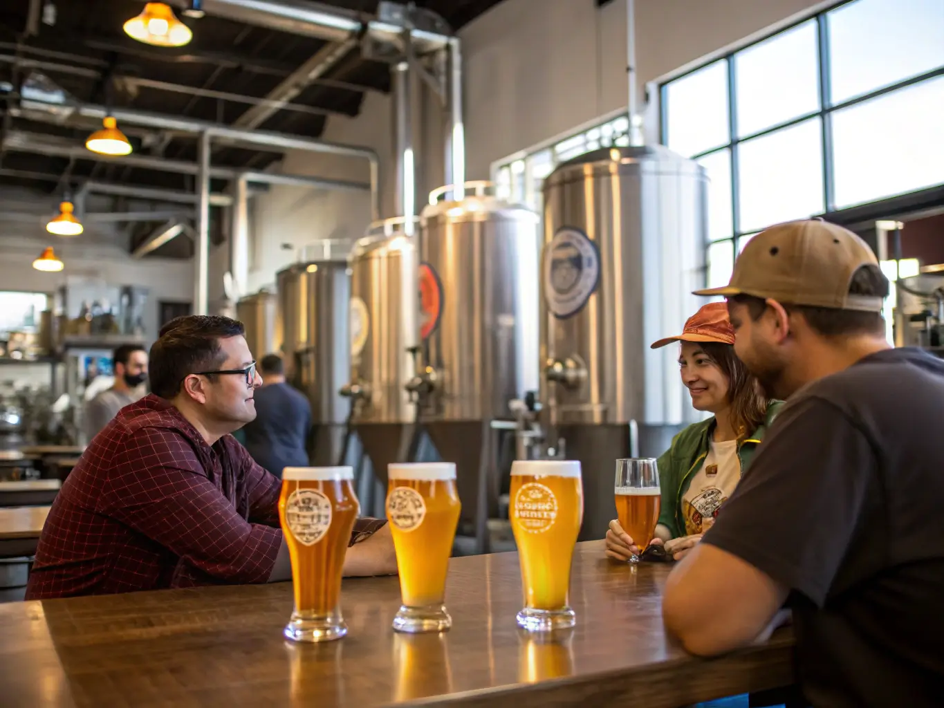 Artisan beer glasses and brewing equipment amidst local brewers and patrons in a craft brewery in San Diego, showcasing the city's prominent craft beer culture and sociable atmosphere