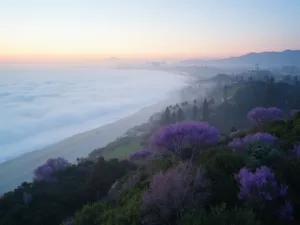 "Dawn breaking over San Diego's coastline, showcasing misty Torrey Pines State Reserve cliffs, blooming jacarandas, Balboa Park's Japanese Friendship Garden, and downtown's Petco Park, in a muted palette of blues, grays, purples, and greens."