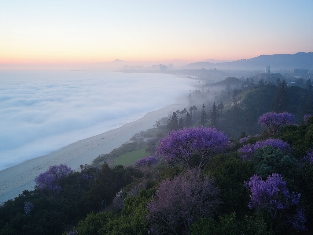 "Dawn breaking over San Diego's coastline, showcasing misty Torrey Pines State Reserve cliffs, blooming jacarandas, Balboa Park's Japanese Friendship Garden, and downtown's Petco Park, in a muted palette of blues, grays, purples, and greens."