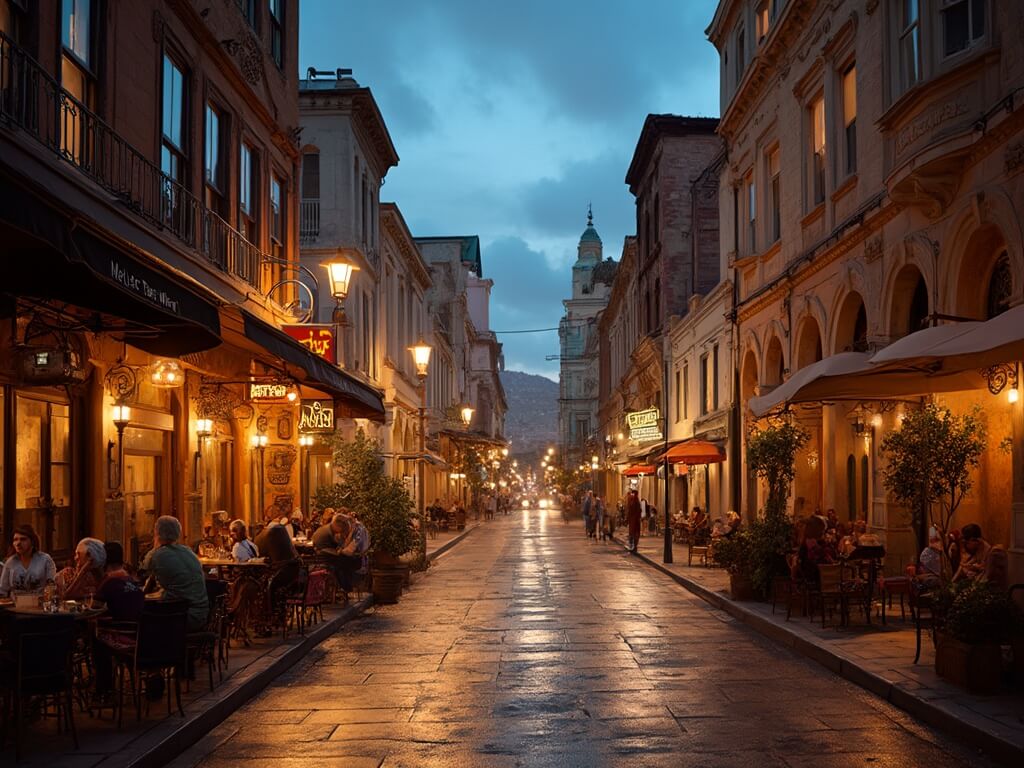 Uncrowded streets in San Diego's Gaslamp Quarter during tourist gap period with warm evening light touching Victorian architecture, people dining at local outdoor cafes in perfect weather conditions.