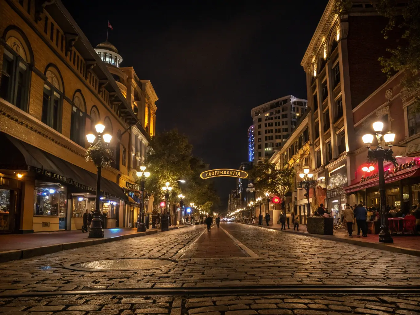 Nighttime view of Gaslamp Quarter in San Diego with illuminated Victorian architecture, glowing neon signs, cobblestone streets mirrored with lights, and people strolling between busy restaurants and bars