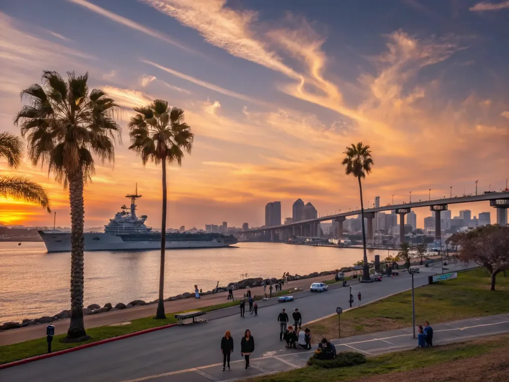 "San Diego cityscape at golden hour in November featuring Coronado Bridge, Navy ships, sailing boats, and people strolling along the waterfront under a sunset sky."