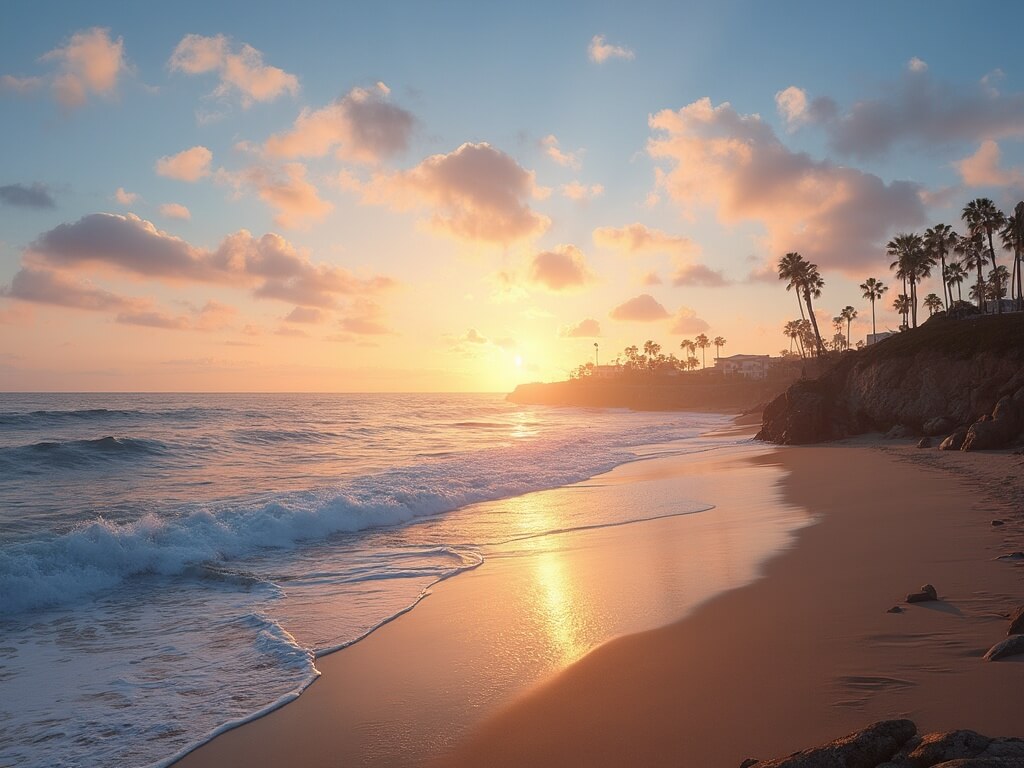 San Diego coastline during golden hour with gentle waves, scattered clouds, and swaying palm trees