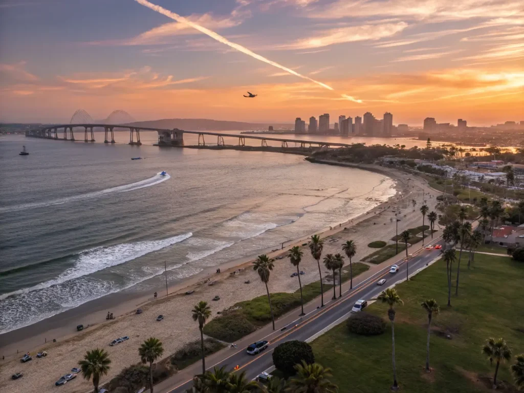 "Panoramic view of San Diego coastline during sunset, featuring the Coronado Bridge, beach lined with palm trees, city skyline, Balboa Park's Spanish colonial architecture, surfers in the water, beach volleyball players, yachts in the bay and a Navy aircraft leaving contrails overhead."