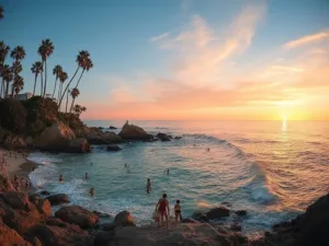 "Panoramic view of La Jolla Cove in San Diego at sunset with beachgoers, surfers, kayakers, palm trees, gentle waves, and a clear sky in warm orange and pink hues."