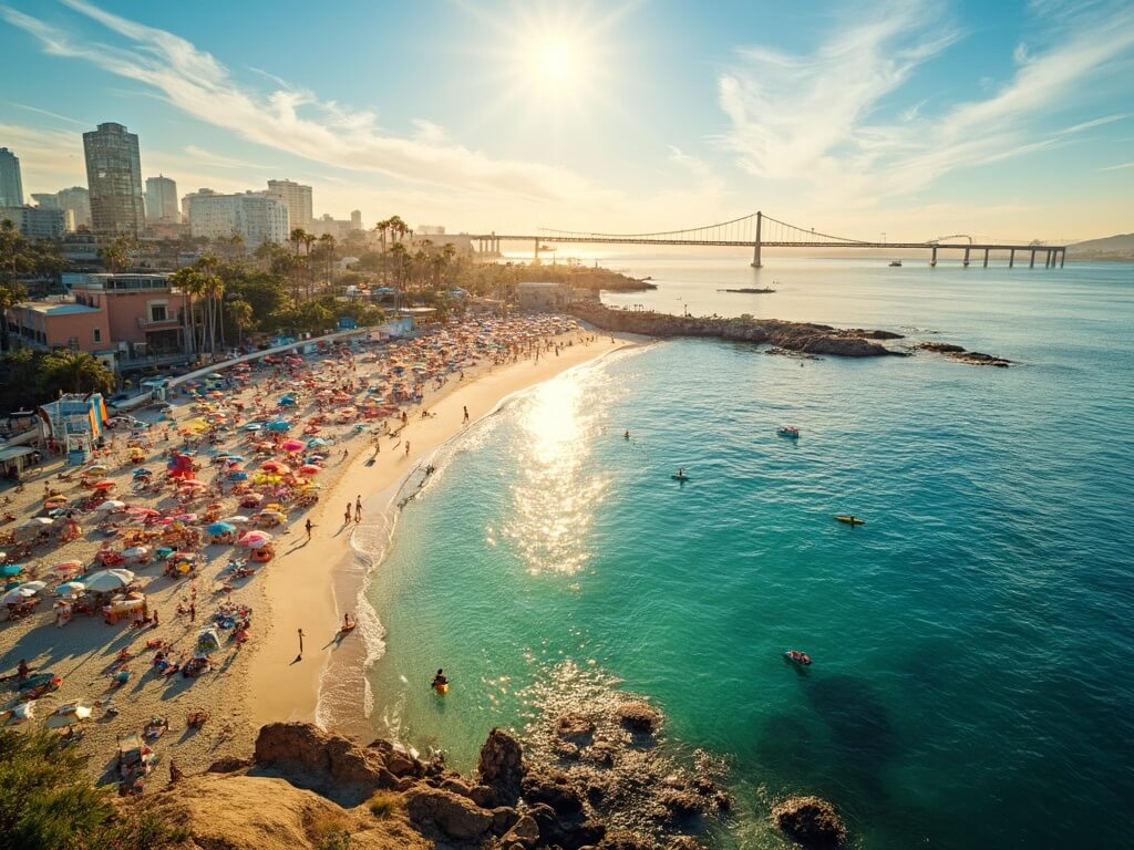 "Aerial view of San Diego's coastline at sunset featuring La Jolla Shores, Coronado Bridge, and downtown skyline with Comic-Con banners, beachgoers, kayakers, and Big Bay Boom fireworks, capturing the essence of a perfect July day."