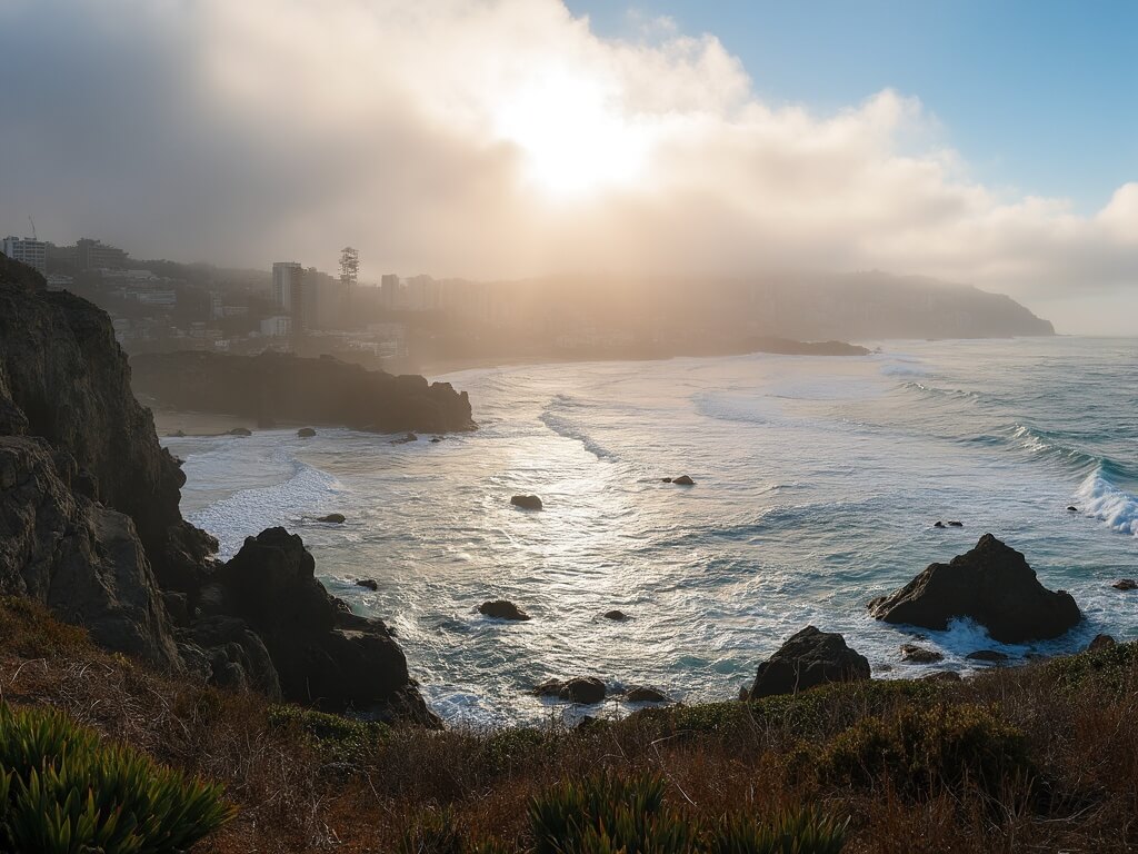 "Panoramic sunrise over San Diego coastline, showcasing June Gloom over La Jolla Cove, sunlit sandstone cliffs, surfers, lounging seals, downtown skyline, and native flora like Torrey Pines and beach succulents."