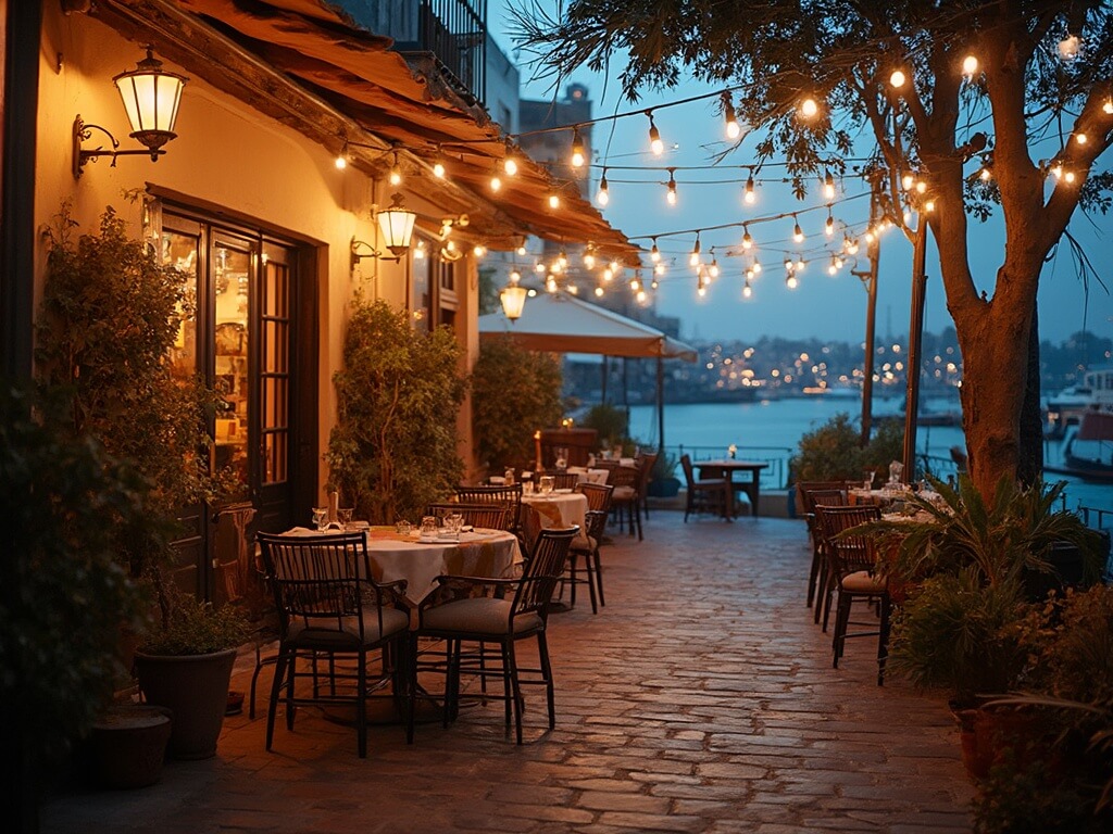 Charming outdoor dining scene at a restaurant in Little Italy, San Diego with overhead string lights, Mediterranean-style architecture, and a harbor view