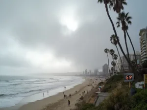 "Panoramic photograph of San Diego's coastline in May, illustrating the microclimate with a marine layer rolling in from the Pacific Ocean over a mostly sunny beach, palm trees, surfers in the ocean, and the downtown skyline in the background."