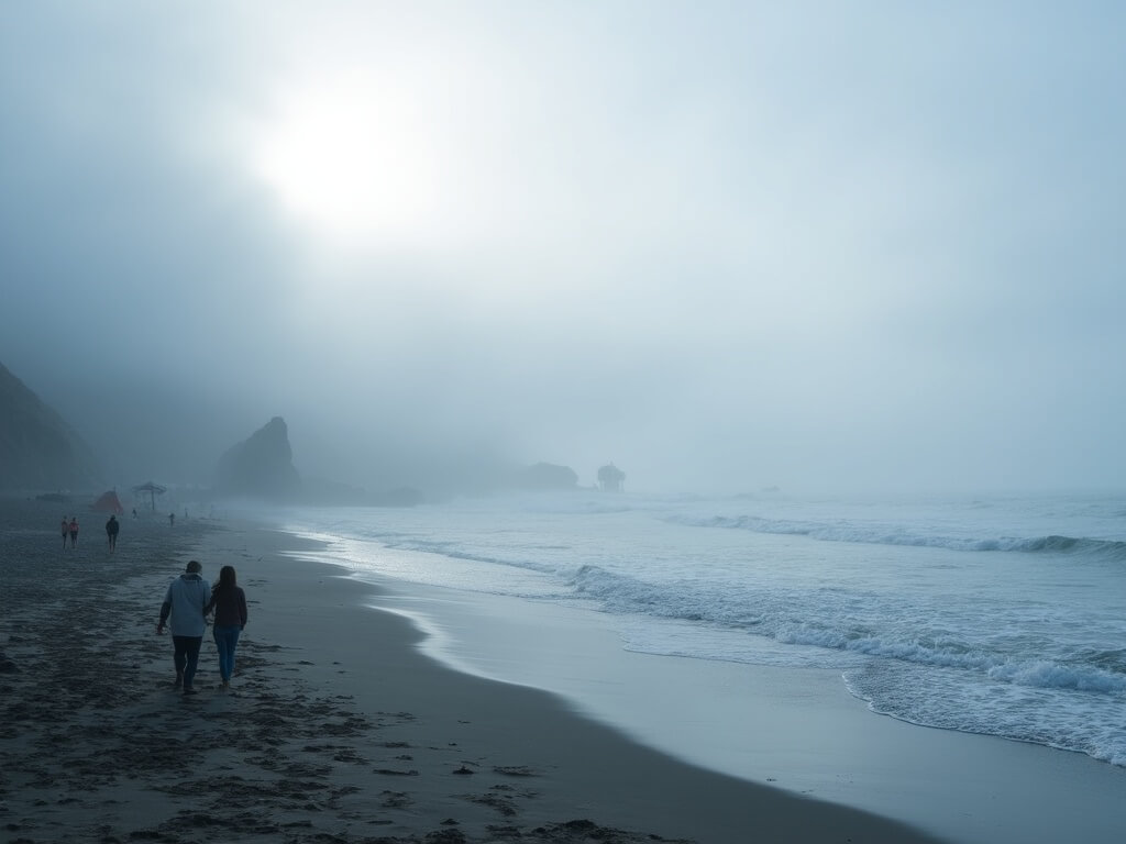 Early morning beach scene in San Diego, with a thick marine layer over the calm waters, diffused sunlight through the clouds, and beachgoers walking along the misty shore.