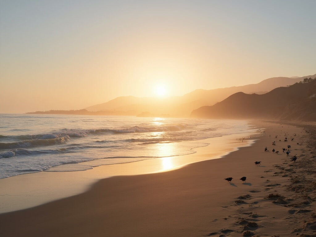 Sunrise at San Diego beach with golden sunlight on calm Pacific, obscured coastline, empty beach with seabirds, and distant cliffs through morning mist