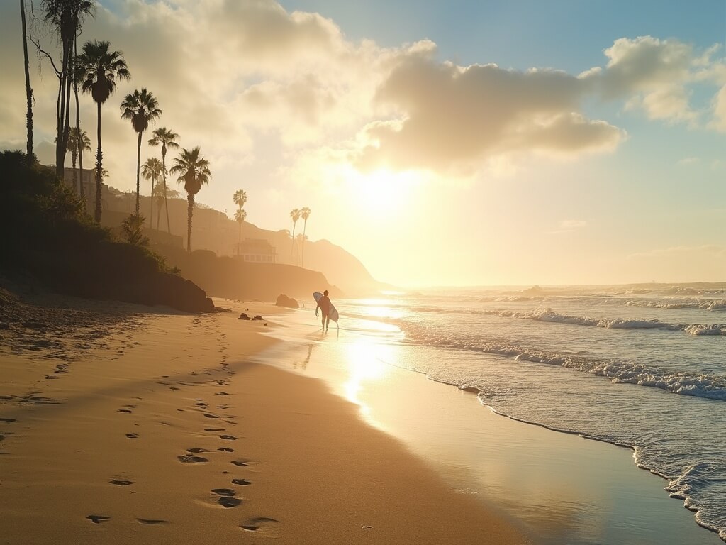 Surfer walking along a serene San Diego beach at sunrise, with palm trees and gentle waves in the background