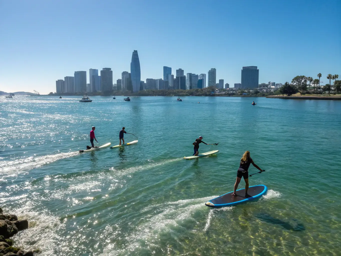 Stand-up paddleboarders doing water sports on Mission Bay, San Diego skyline in the background, with bright sunlight and crystal clear water