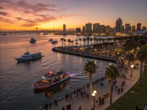 "Panoramic aerial view of San Diego Bay Parade of Lights during sunset with decorated boats, illuminated downtown skyline, iconic Coronado Bridge, lit palm trees, and people gathered at Seaport Village in December"