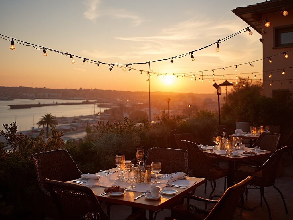 Golden sunset over San Diego harbor from Little Italy rooftop terrace with outdoor dining setup, string lights, and Mediterranean architecture in the background under clear spring skies.