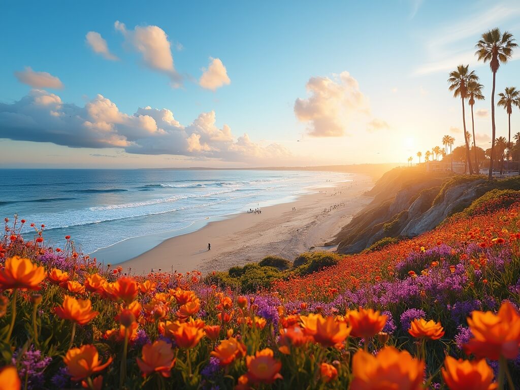 "Panoramic view of San Diego featuring Torrey Pines beach, blooming wildflowers, surfers, La Jolla cliffs, cumulus clouds, rainbow stripes of Carlsbad Flower Fields, palm trees and 66°F temperature gauge"