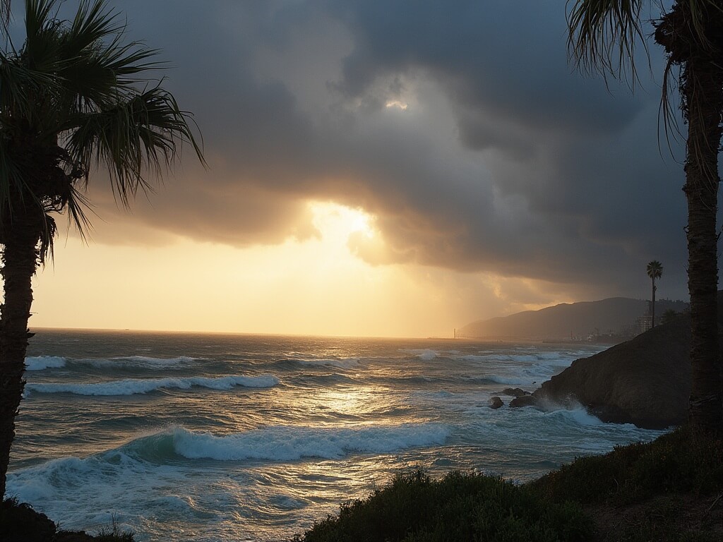 Dramatic coastal scene in San Diego with storm clouds and sunlight over choppy ocean waves, palm trees swaying in the foreground