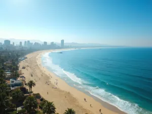 "Panoramic view of San Diego coastline with La Jolla Cove and downtown skyline, palm trees, beachgoers and gentle ocean waves under clear blue sky."