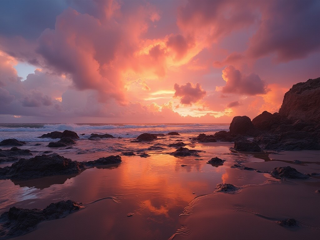 Post-rain sunset over San Diego coastline with vibrant hues reflecting off wet rocks and tide pools