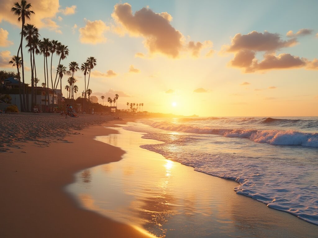 Golden sunset at a serene San Diego beach with a few people strolling along the shore, palm trees scattered around, gentle waves lapping the shore, and the sky's warm hues reflecting on the wet sand.