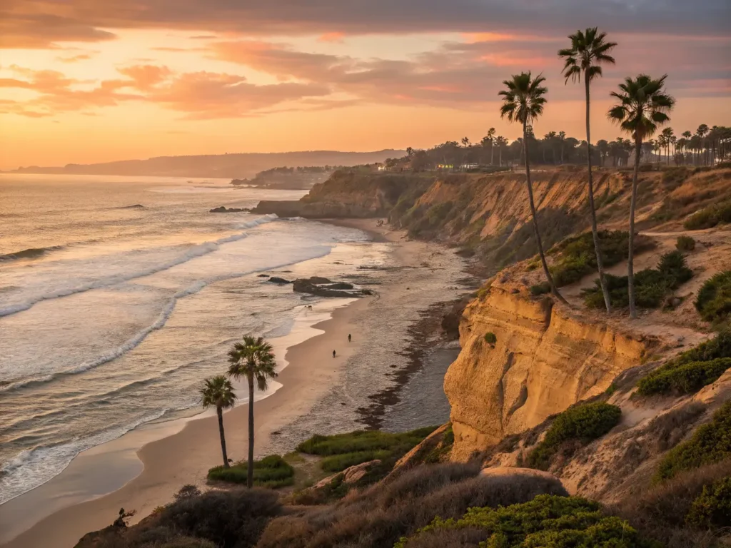 "Panoramic sunset view of San Diego's coastline featuring La Jolla Cove, sea lions, turquoise waters, golden beaches, Torrey Pines State Reserve cliffs, a partial marine layer over downtown skyline, sailboats, and people partaking in surfing, beach volleyball, and hiking activities."