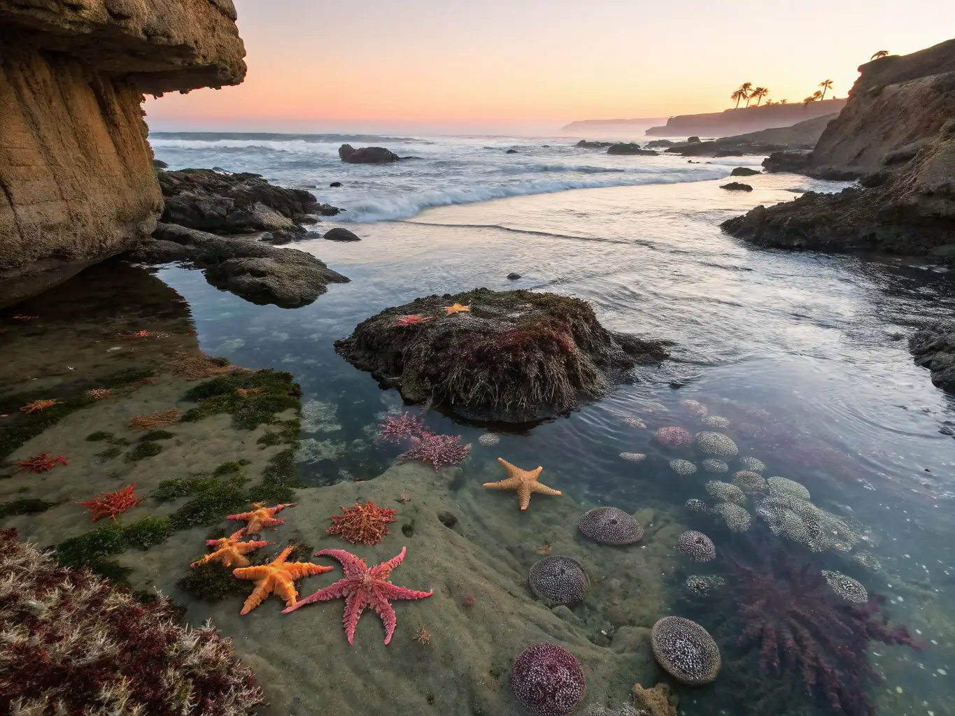 Sunset tide pool scene in San Diego with colorful marine life and rock formations