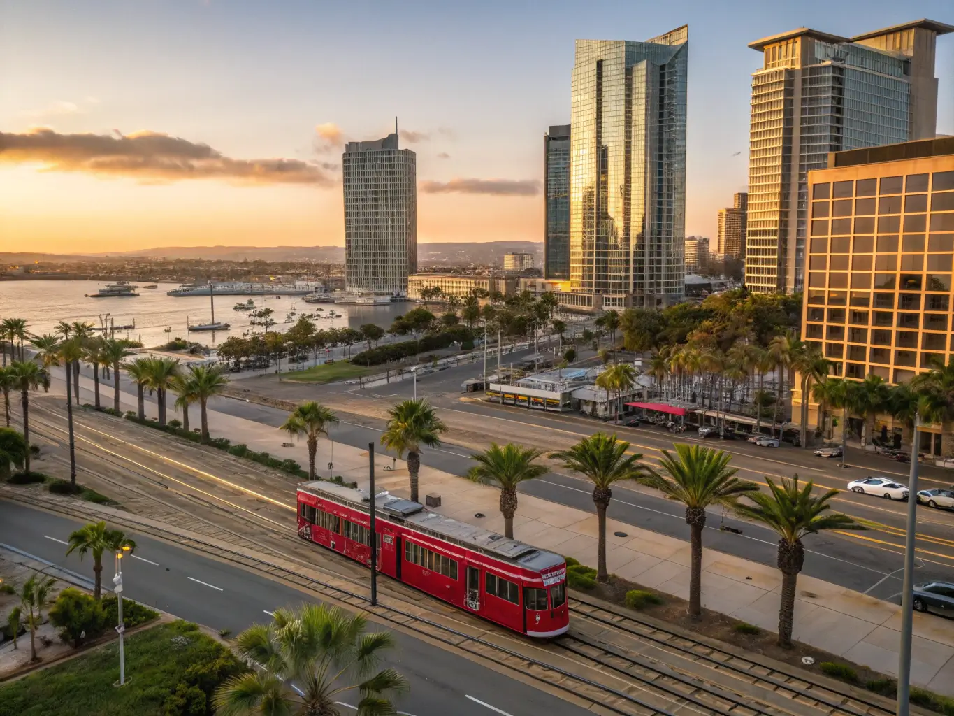 Aerial view of red San Diego Trolley traversing downtown, skyscrapers reflecting sunset, palm trees along tracks and distant bay with docked boats