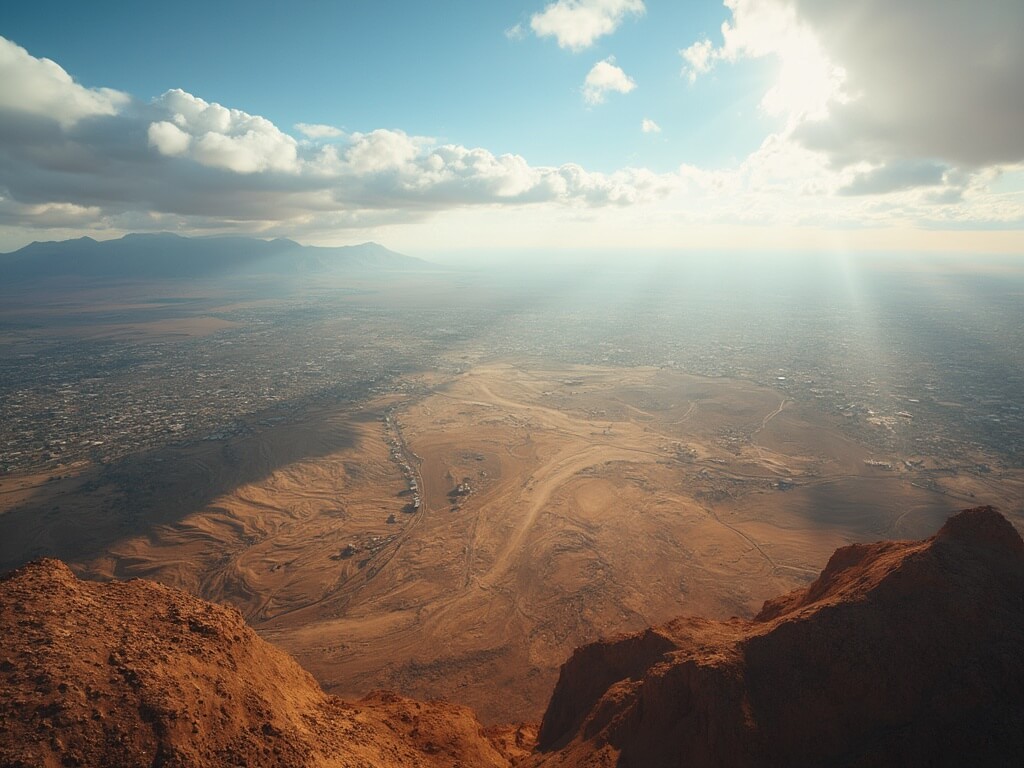 Aerial view of San Diego's inland valley in the afternoon, depicting the juxtaposition of urban development and natural scenery, with scattered clouds casting shadows on the sunny terrain and heat waves visible above the ground, filled with drought-tolerant plants in warm tones, in a photorealistic style.