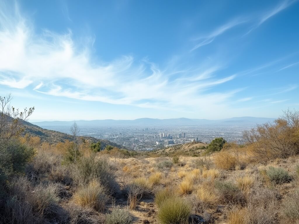 San Diego valley landscape in March, contrasting urban buildings in the distance with native chaparral vegetation in the foreground under a bright blue sky with wispy clouds.