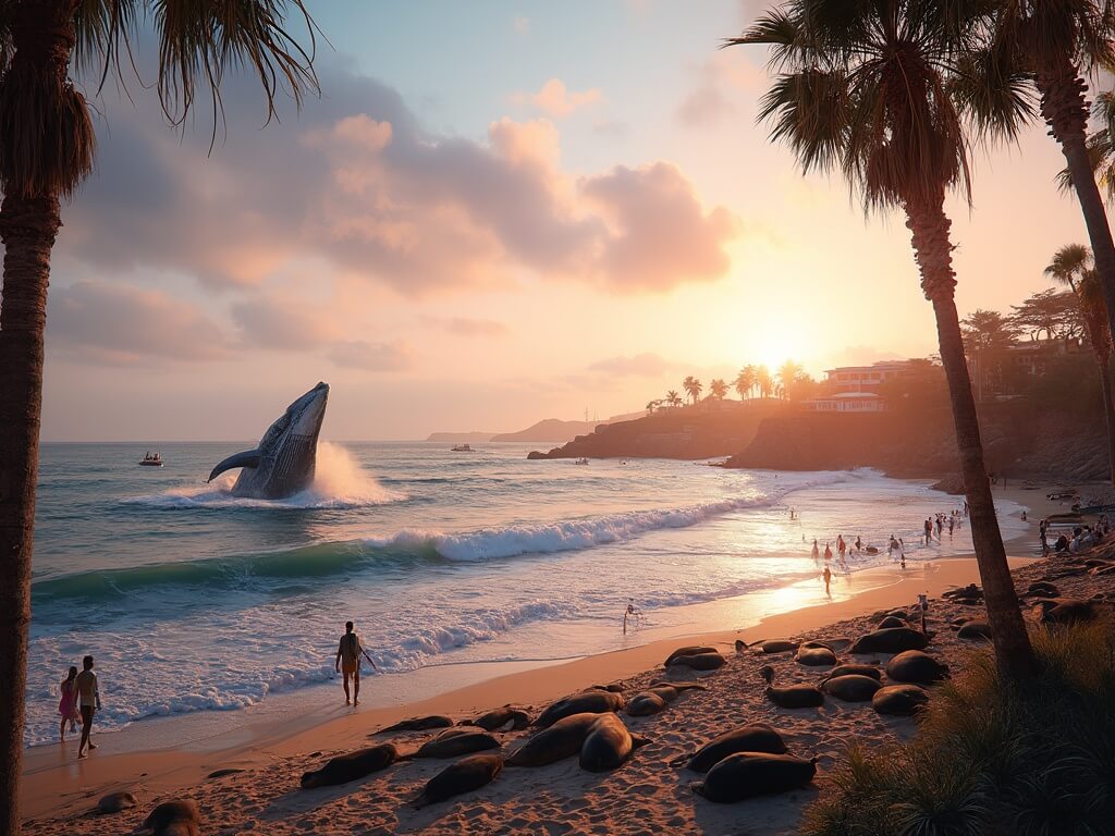 "Gray whale breaching during golden hour off San Diego's coastline, with seals resting on La Jolla Cove beach and view of Torrey Pines Reserve in the background."