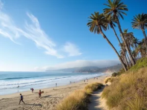 "San Diego coastline in December with blue skies, palm trees, surfers, beachgoers in light jackets, Torrey Pines cliffs in the background, and a temperature display showing 66°F"